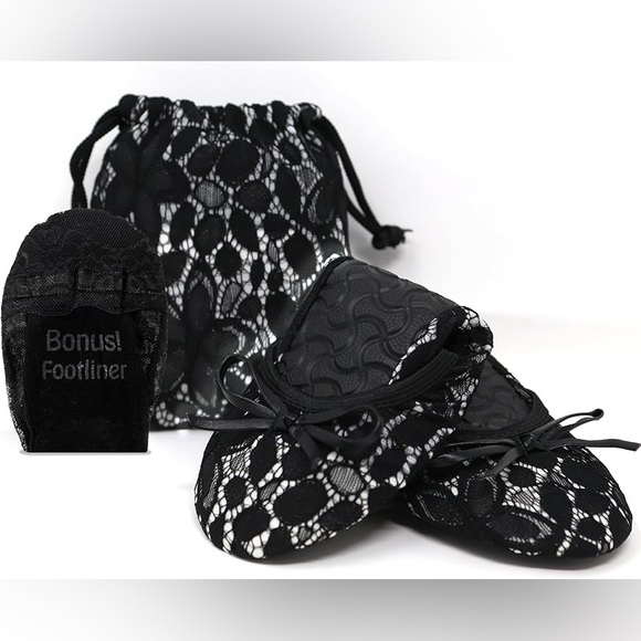 Silky Toes. Lack Lace Foldable Travel Ballerina Flats with Bonus Toe Liner & Bag - Picture 1 of 5